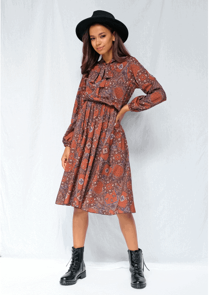 Sukienka midi brown print z wiązaniem