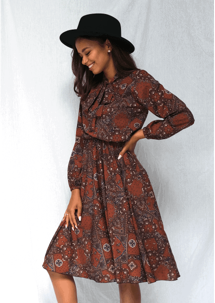 Sukienka midi brown print z wiązaniem