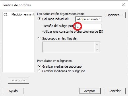 Configuración de gráfica de corridas en Minitab