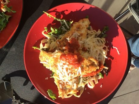 Fish with fresh tagliatelle, outdoor dining at its best.