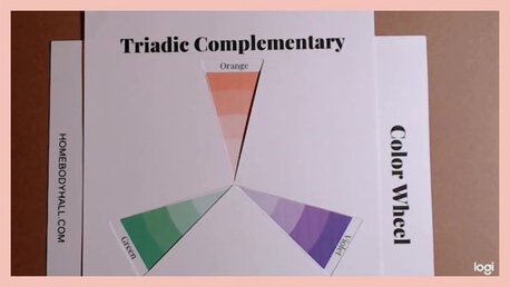 triadic complementary color scheme on color wheel: orange, violet, green