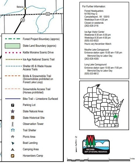 Map key for hiking Kettle Moraine State Forest