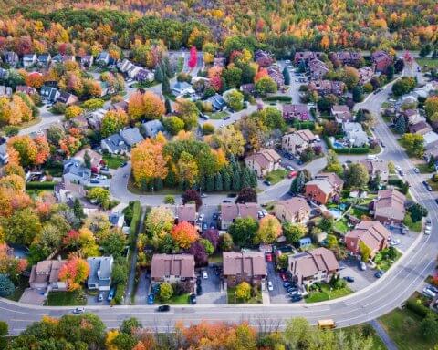 Aerial View of Residential Neighbourhood in Montreal During Autu