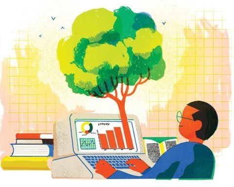 Should corporations take a side on issues? | A person with short hair and glasses sits a laptop