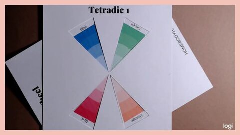 tetradic color scheme on color wheel: blue, green, red, orange