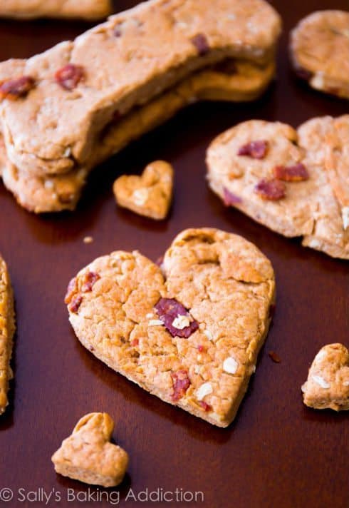 Peanut Butter Bacon bones and hearts from a homemade dog treat recipe from Sally's baking addiction