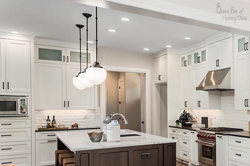 kitchen with white stacked cabinets