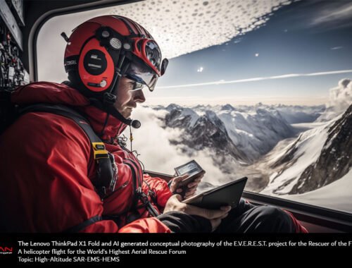 Lenovo ThinkPad X1 Fold и AI генерираха концептуална фотография на E.V.E.R.E.S.T. проект за Спасителя на бъдещето: Полет с хеликоптер за най-високия въздушен спасителен форум в света Тема: SAR-EMS-HEMS на голяма надморска височина