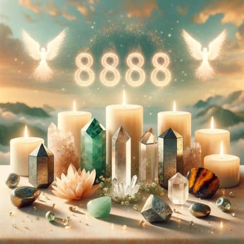 crystals aligning with Angel Number 8888, featuring Citrine, Green Aventurine, Pyrite, Clear Quartz, and Tiger’s Eye