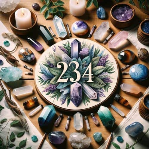 Amethyst, jade, tiger's eye, and blue lace agate in a natural layout with the number 234 for healing and growth