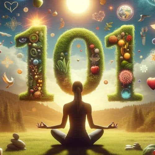 yoga, meditation, and nature scene with 101, embodying holistic wellness.