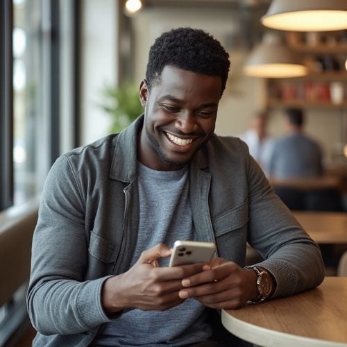black man smiling while texting, relaxed and confident