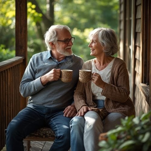 an elderly couple enjoying a cup of coffee on their porch,