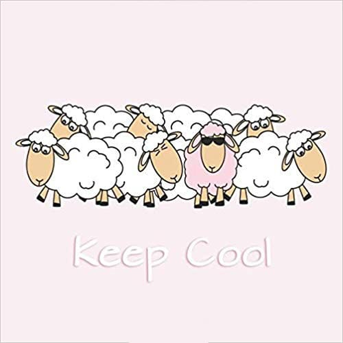 Square journal with a pink background featuring a flock of white sheep, and one pink sheep wearing sunglasses. White text reads "Keep Cool."