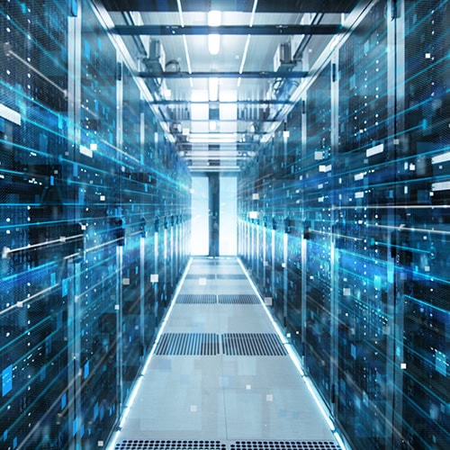 A corridor in a working data center full of rack servers and supercomputers.