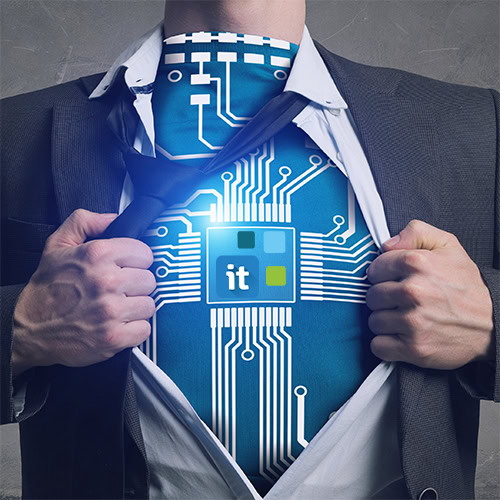 Business man rips off his shirt on the chest and shows Move-IT Technology logo.