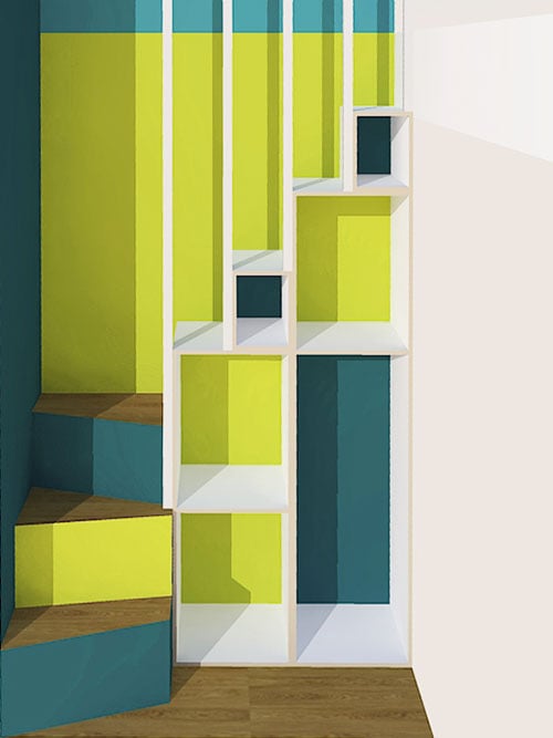 3d-Visualisierung Hochbett Treppe Regal