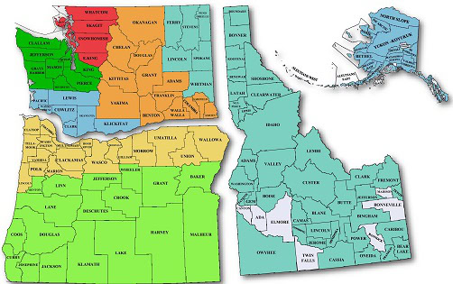 ALL STATES - Color - Home Page Map of OR, WA, ID and AK