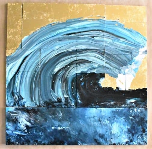 Large wave painting with gold leaf background