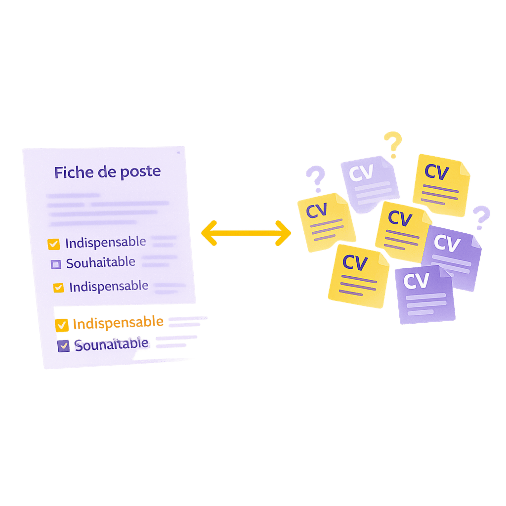 Fiche de poste comparée à des CV dans un ATS illustrant le décalage entre critères indispensables et candidatures reçues
