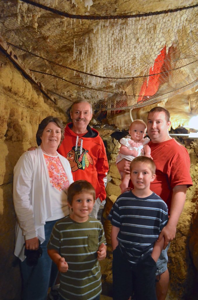 family photo in Crystal Lake Cave Dubuque, Iowa