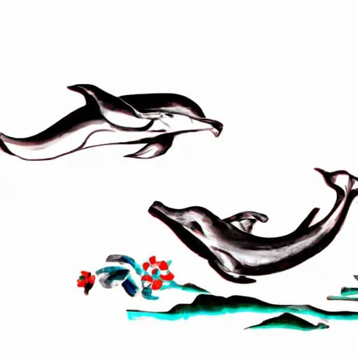 chinese art drawing of dolphins