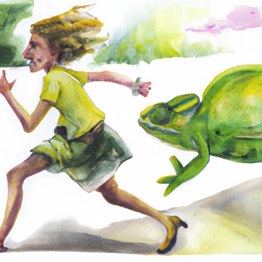 woman running away from a chamaleon