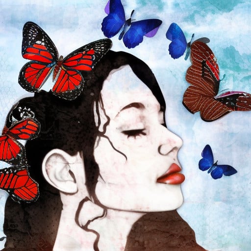 sleeping women dreaming about red and blue butterflies