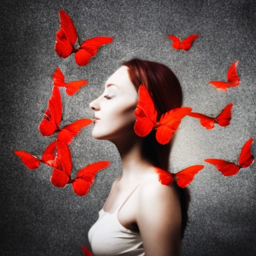 red butterflies fluttering around person