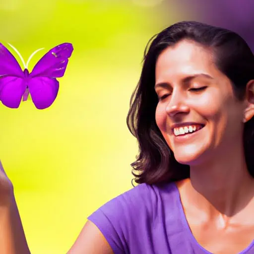 woman seeing a purple butterfly landing on her arm