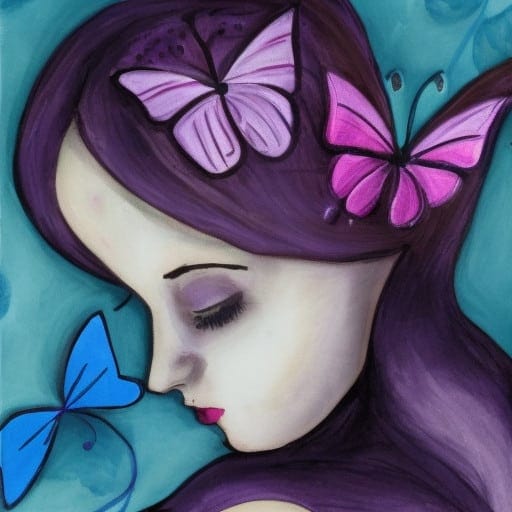 sleeping woman dreaming about purple butterflies