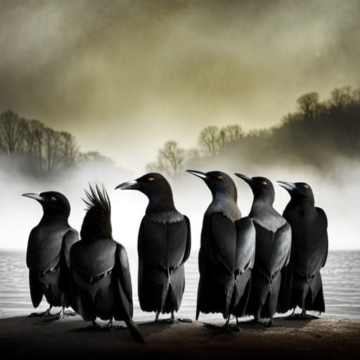 six crows sitting close to each other