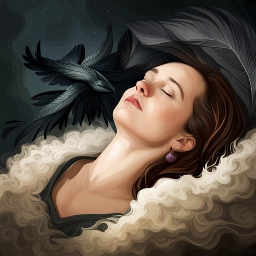 sleeping woman dreaming about raven feathers