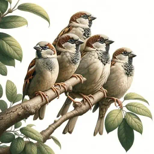 5 sparrows sitting on a branch