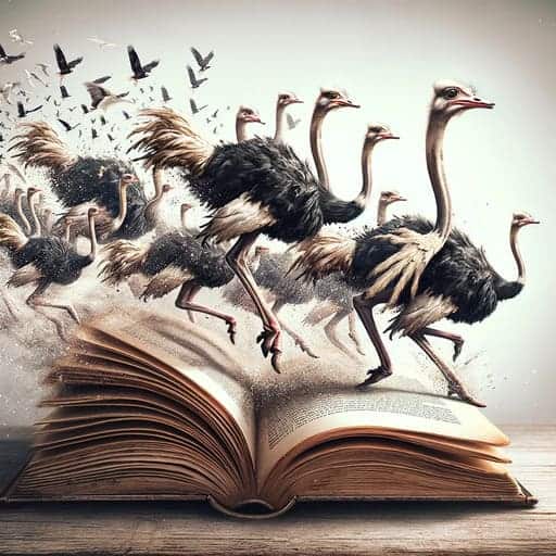 ostriches running out of a book