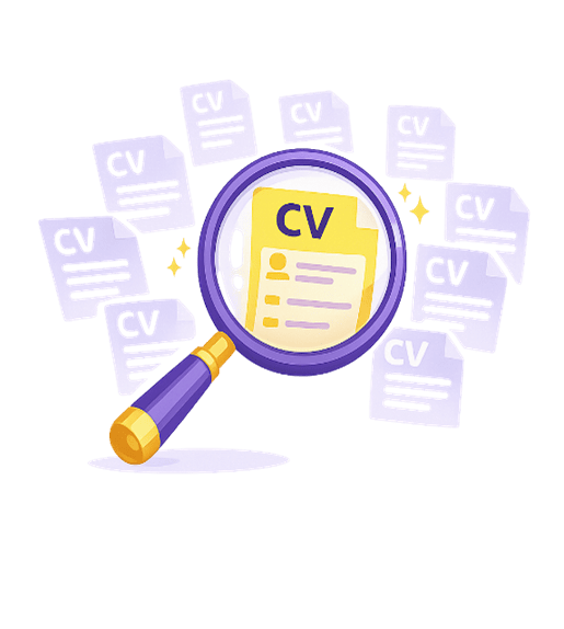 Loupe analysant un CV parmi de nombreuses candidatures dans un ATS