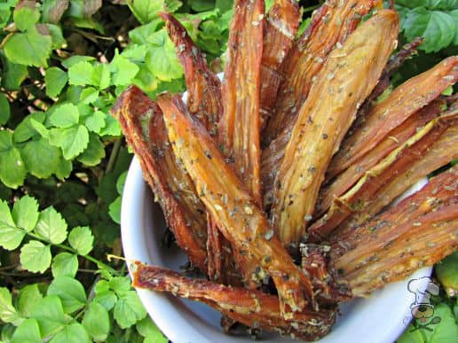 home made dog treat recipe of apple kale jerky chicken strips with plant leaves as a bg image