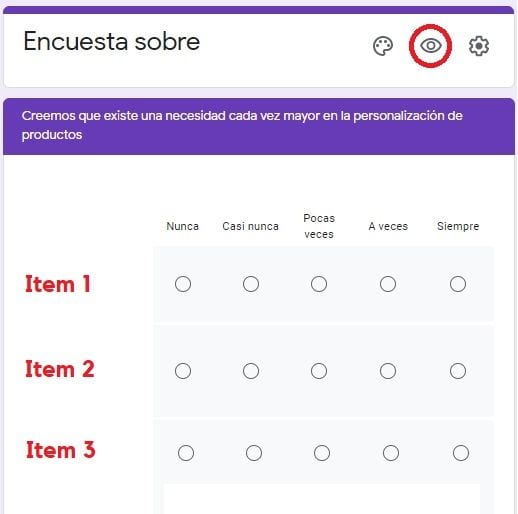 Visualización del usuario de la cuadrícula de varias opciones de Google Forms