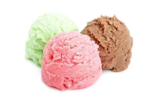 3 scoops of different ice cream on white bg