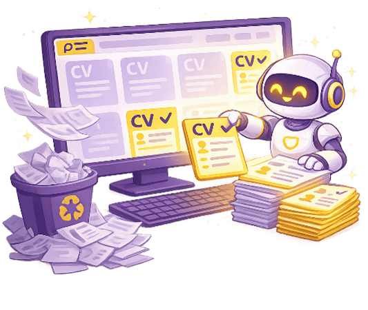 Robot IA triant des CV sur un écran d’ATS illustrant le tri massif de candidatures