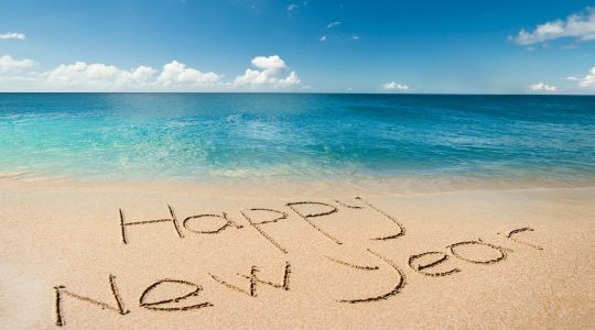 Happy New Year written in the sand
