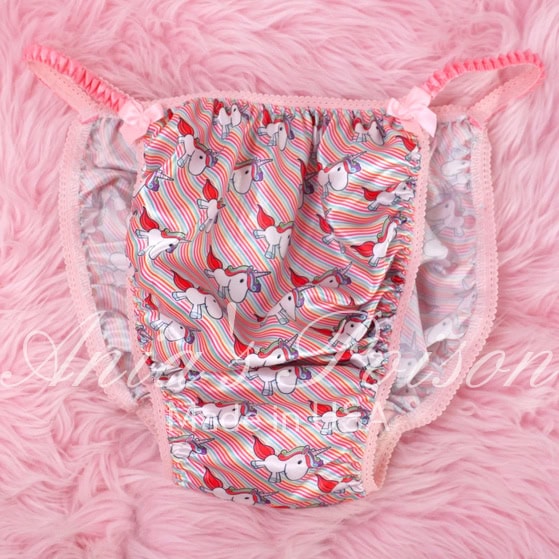 Ania's Sissy Satin string Bikini Unicorn Rainbow Stripe shiny men's Poison Cut panties sz M - Image 3