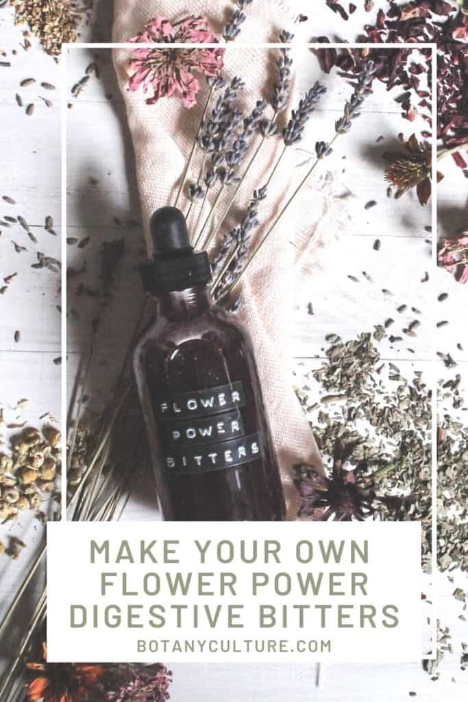 hibiscus, lavender, elderflower, and chamomile bitters recipe in a dropper bottle surrounded by dried herbs