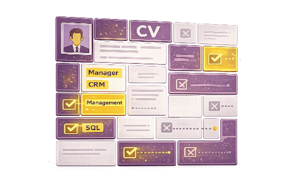 Illustration CV analysé par un ATS avec compétences sélectionnées comme management, CRM et SQL
