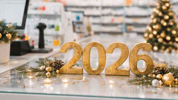 Interior de uma farmácia moderna com decoração de Ano Novo, destacando o número 2026 como símbolo de renovação, organização e gestão eficiente.