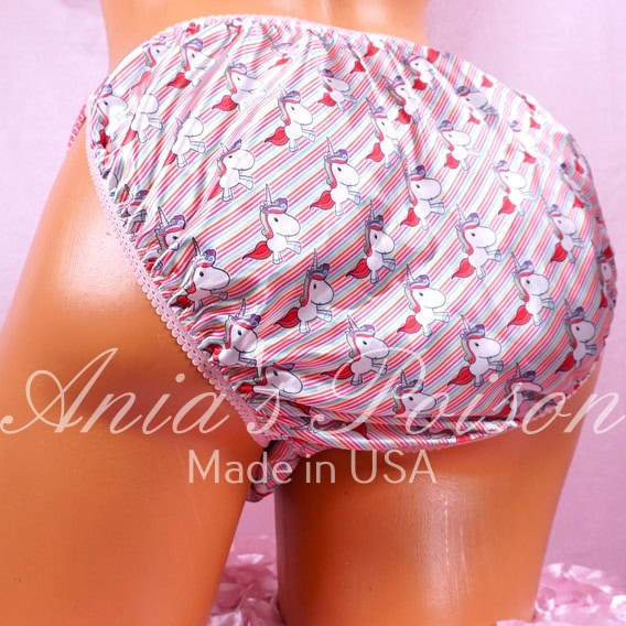 Ania's Sissy Satin string Bikini Unicorn Rainbow Stripe shiny men's Poison Cut panties sz M - Image 2