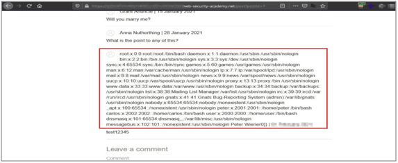 Payload executes, showing content of /etc/passwd file
