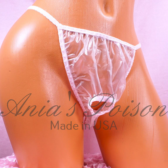 Ania’s Sissy PLASTIC Open Butt Front Hole panties Clear Pink Trim Men's humiliation panties sz M - Image 2