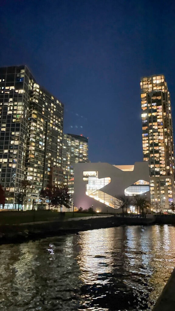 Hunters Point Library Building in Queens at night