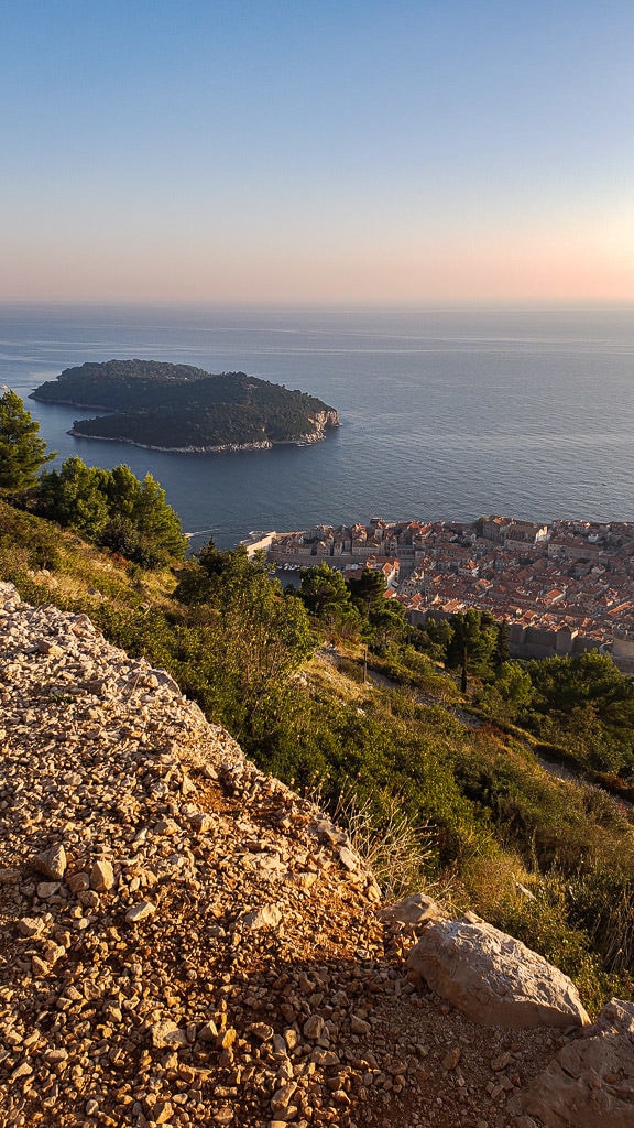 View of Lokrum Island and Old Town Dubrovnik while hiking up Mount Srd